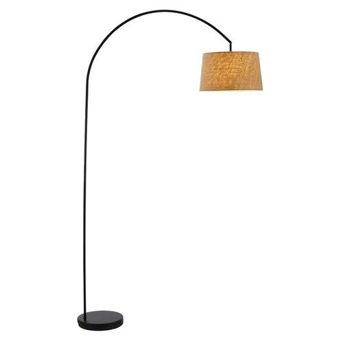 Modern Arching Floor Lamp in Matte Black with Taupe Burlap Fabric Drum Shade