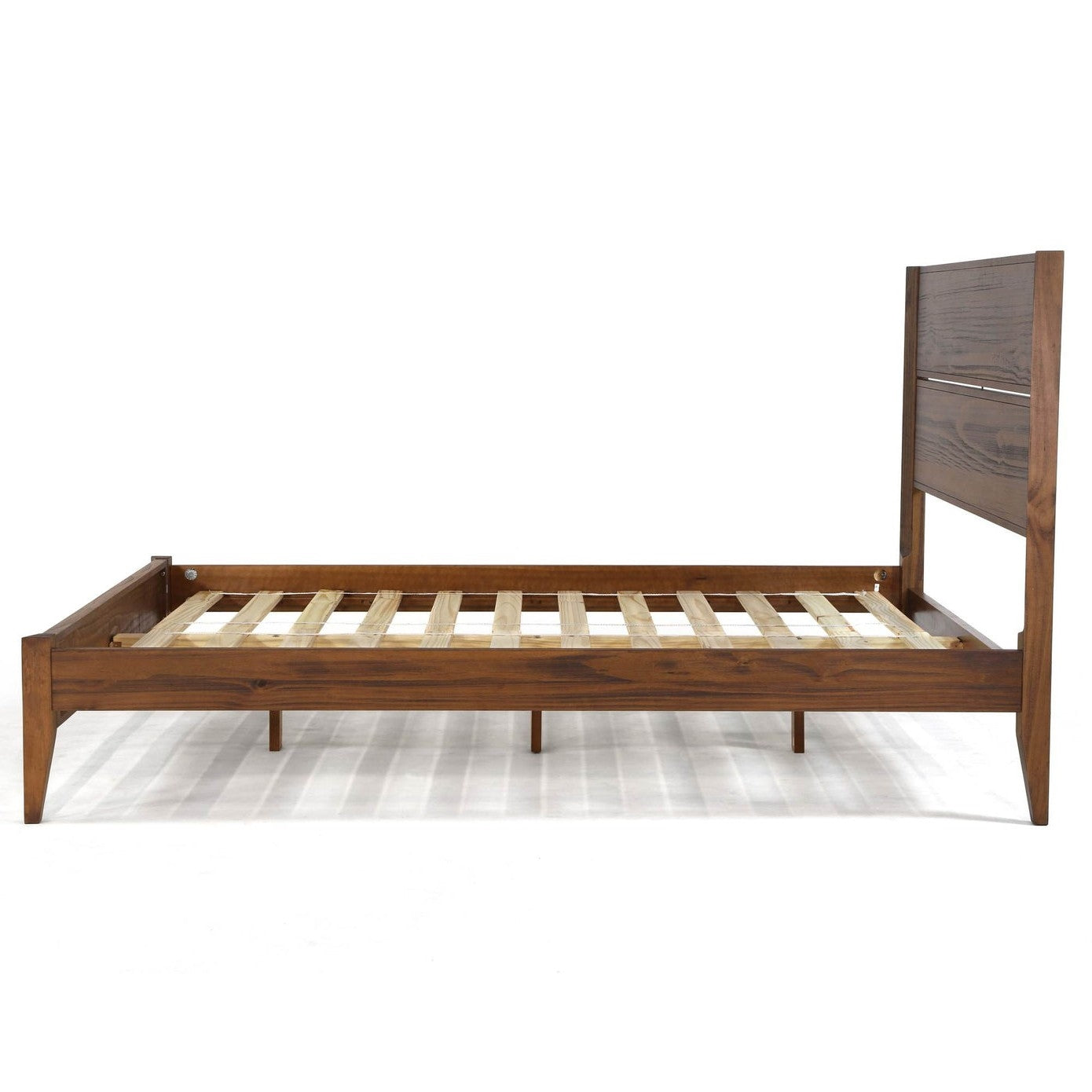 Rustic Walnut Mid Century Slatted Platform Bed, Full