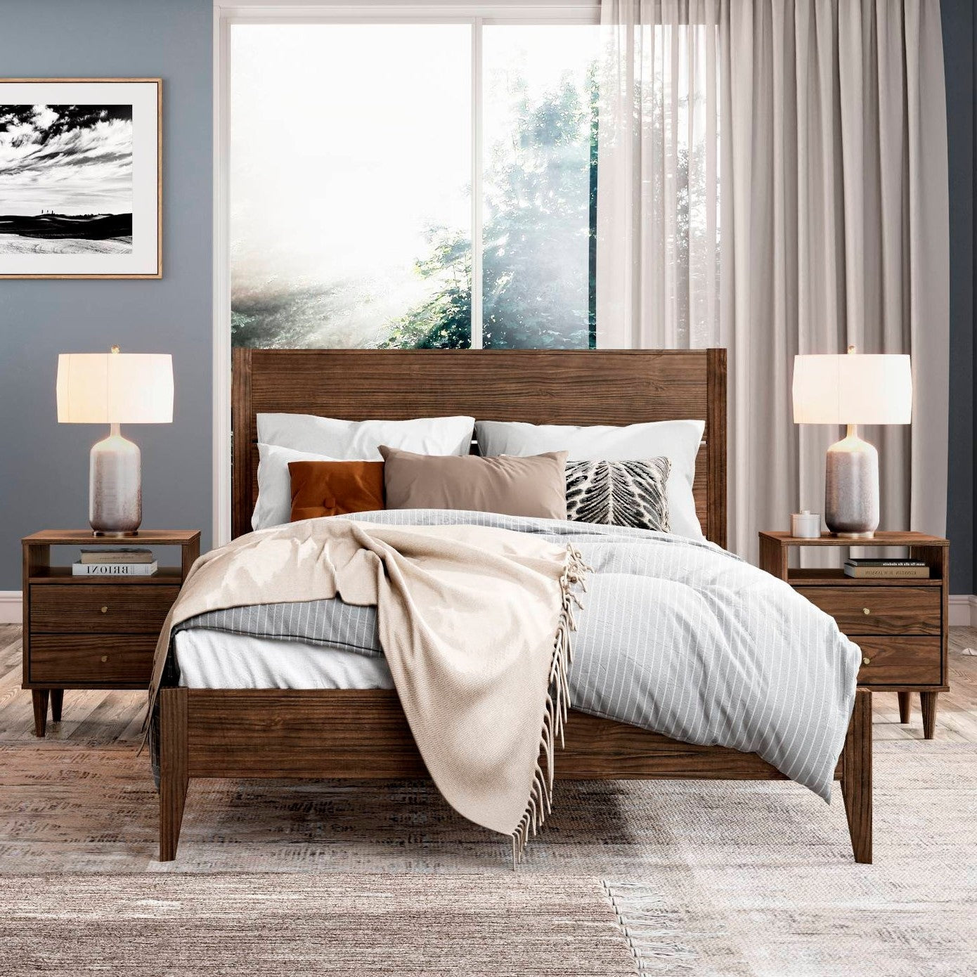 Rustic Walnut Mid Century Slatted Platform Bed, King