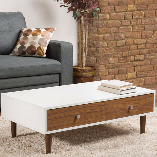 Two Tone White Wood Coffee Table with 2 Drawers