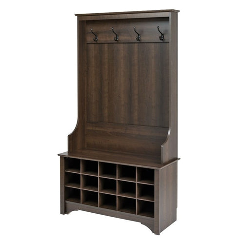 Entryway Hall Tree Shoe Cubby Coat Rack, Dark Brown Espresso