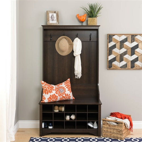 Entryway Hall Tree Shoe Cubby Coat Rack, Dark Brown Espresso