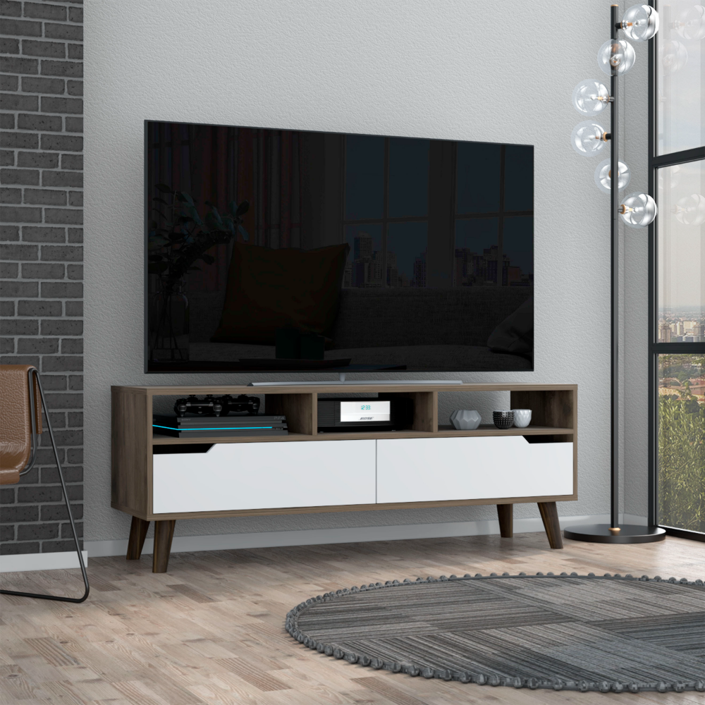 Tv Stand 2.0 For TV´s up 52" Bull, Three Open Shelves,Two Drawers, Dark Brown / White Finish-0