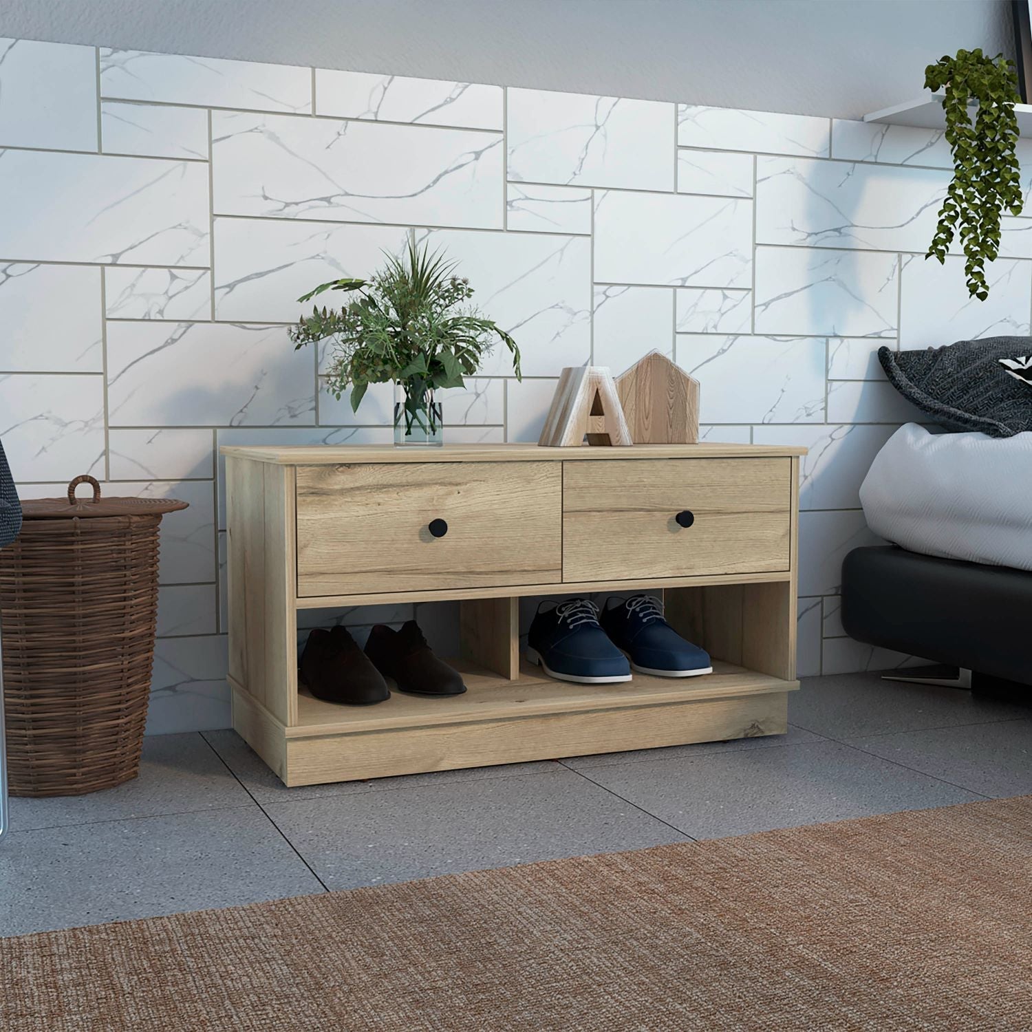 Storage Bench Beji, Lower Shelf, Two Drawers, Light Oak Finish-0