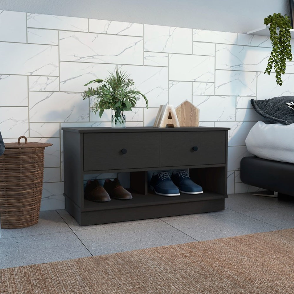 Storage Bench Beji, Lower Shelf, Two Drawers, Black Wengue Finish-0