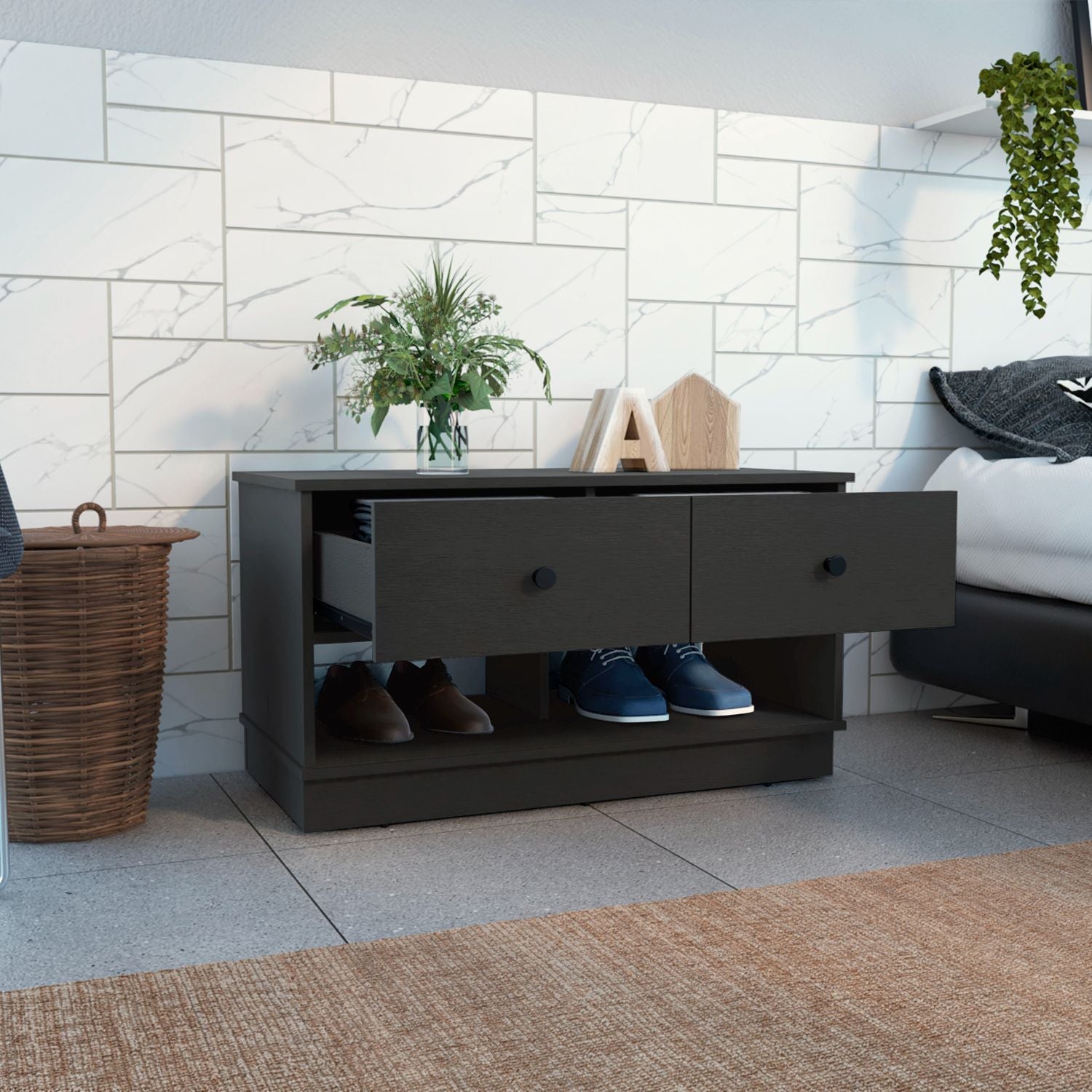 Storage Bench Beji, Lower Shelf, Two Drawers, Black Wengue Finish-1