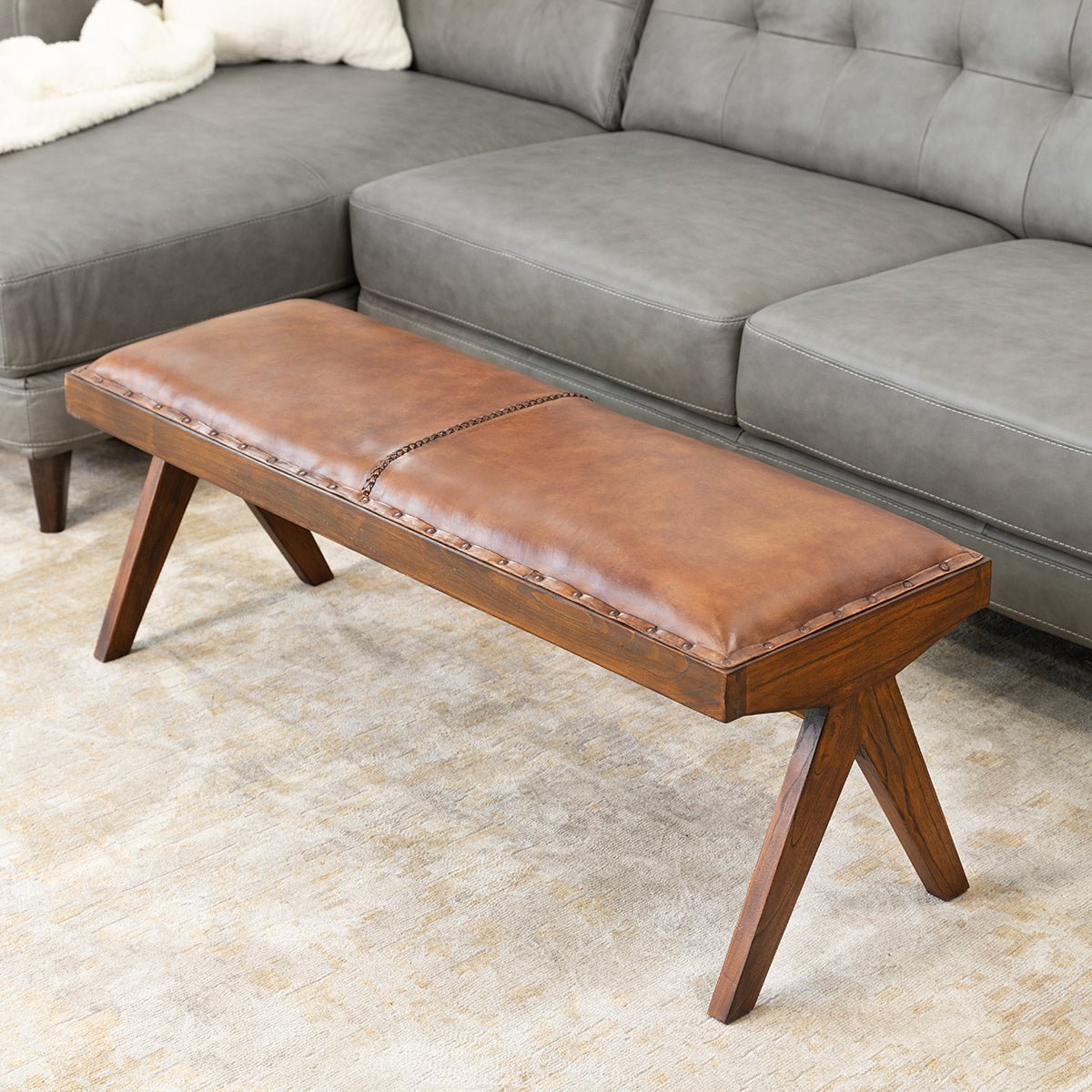 Fredrick Leather Bench (w/ line) | Antiqued Tan