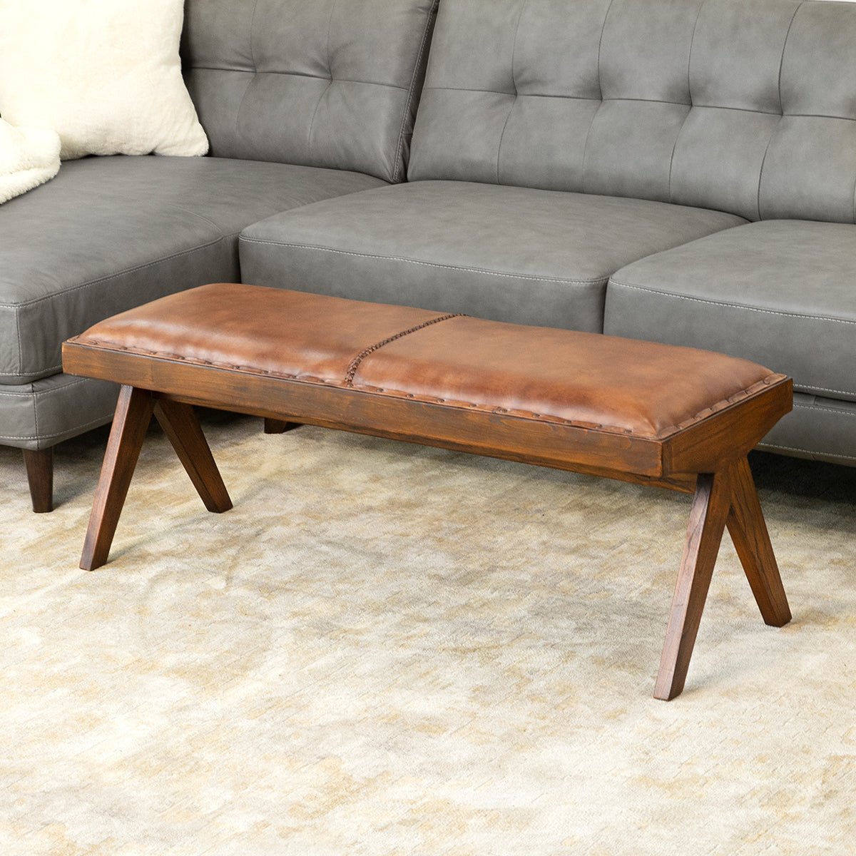 Fredrick Leather Bench (w/ line) | Antiqued Tan