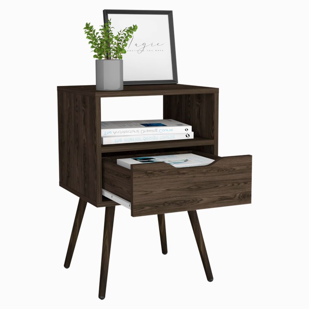 Nightstand  Fugaz, Open Shelf, Single Drawer, Dark Walnut Finish-4