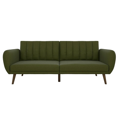 Green Linen Upholstered Futon Sofa Bed with Mid-Century Style Wooden Legs