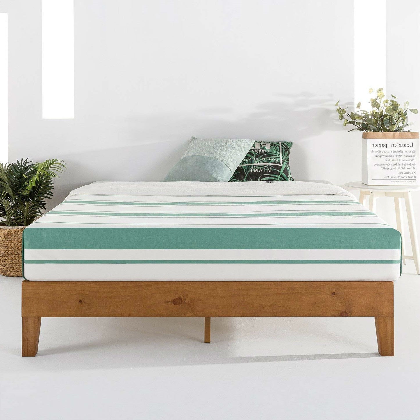 King Modern Classic Solid Wood Slat Platform Bed Frame in Natural Finish