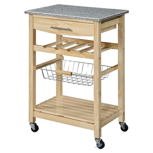 Granite Top Wood Finish Kitchen Island Cart with Wine Rack