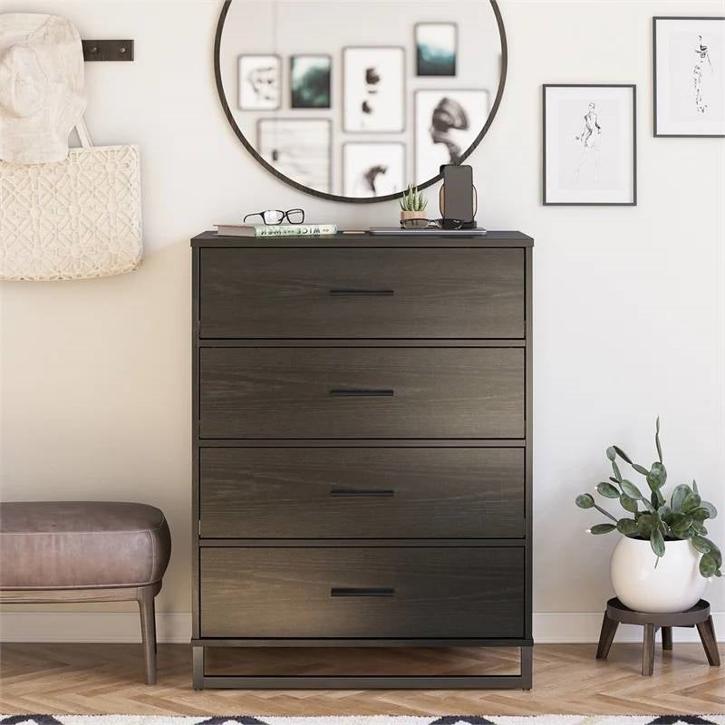 Rustic Black Wood 4-Drawer Bedroom Chest Dresser