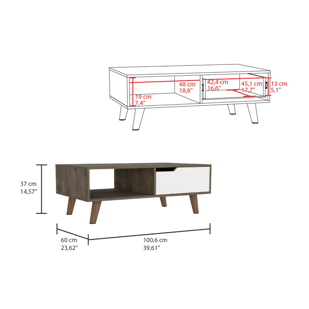 Coffee Table 2.0 Bull, One Drawer, Four Legs, Dark Brown / White Finish-5