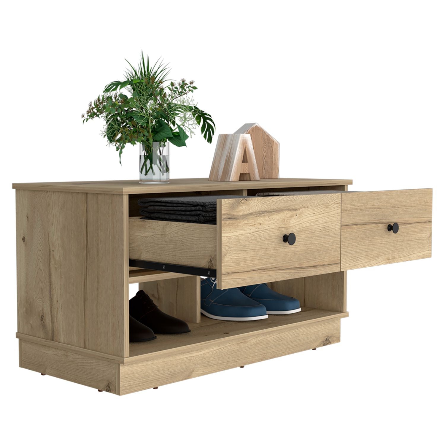 Storage Bench Beji, Lower Shelf, Two Drawers, Light Oak Finish-5