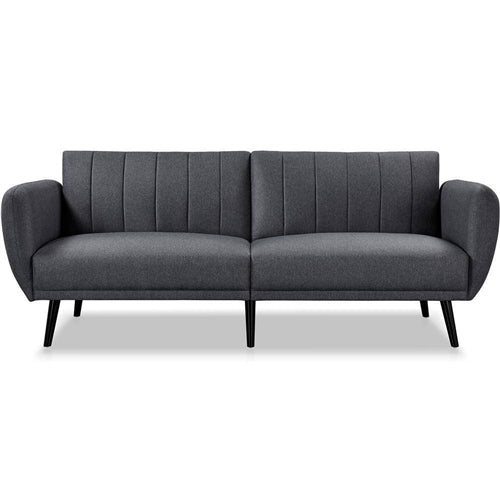 Scandinavian Dark Grey Linen Upholstered Convertible Sofa w/ Wooden Legs