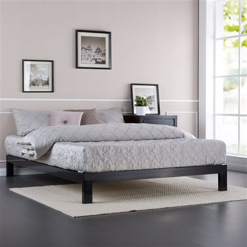 Low Profile Black Metal Platform Bed Frame with Wooden Slats, Queen