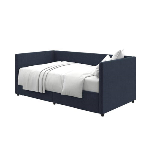 Linen Upholstered Daybed with Pull-Out Storage Drawers, Navy Blue