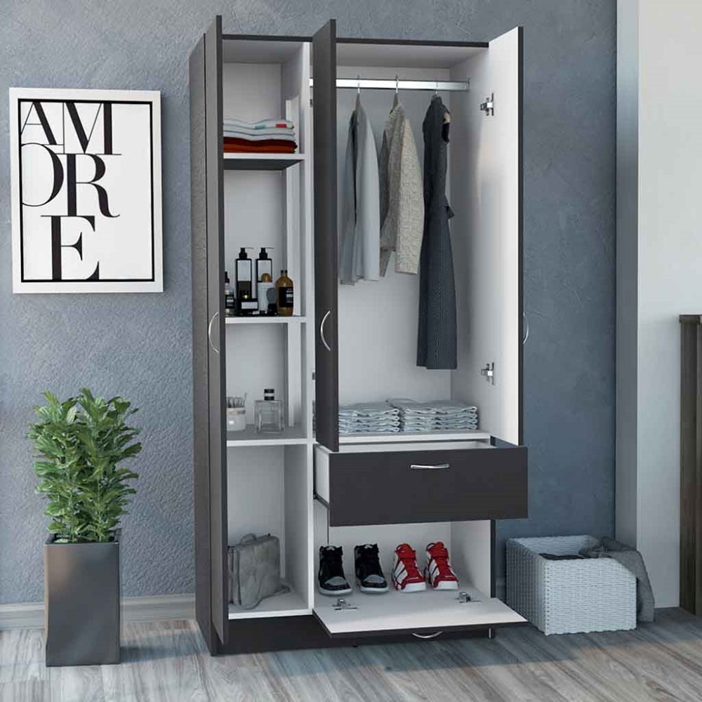 Armoire Cobra, Double Door Cabinets, One Drawer, Five Shelves, Black Wengue / White Finish-1