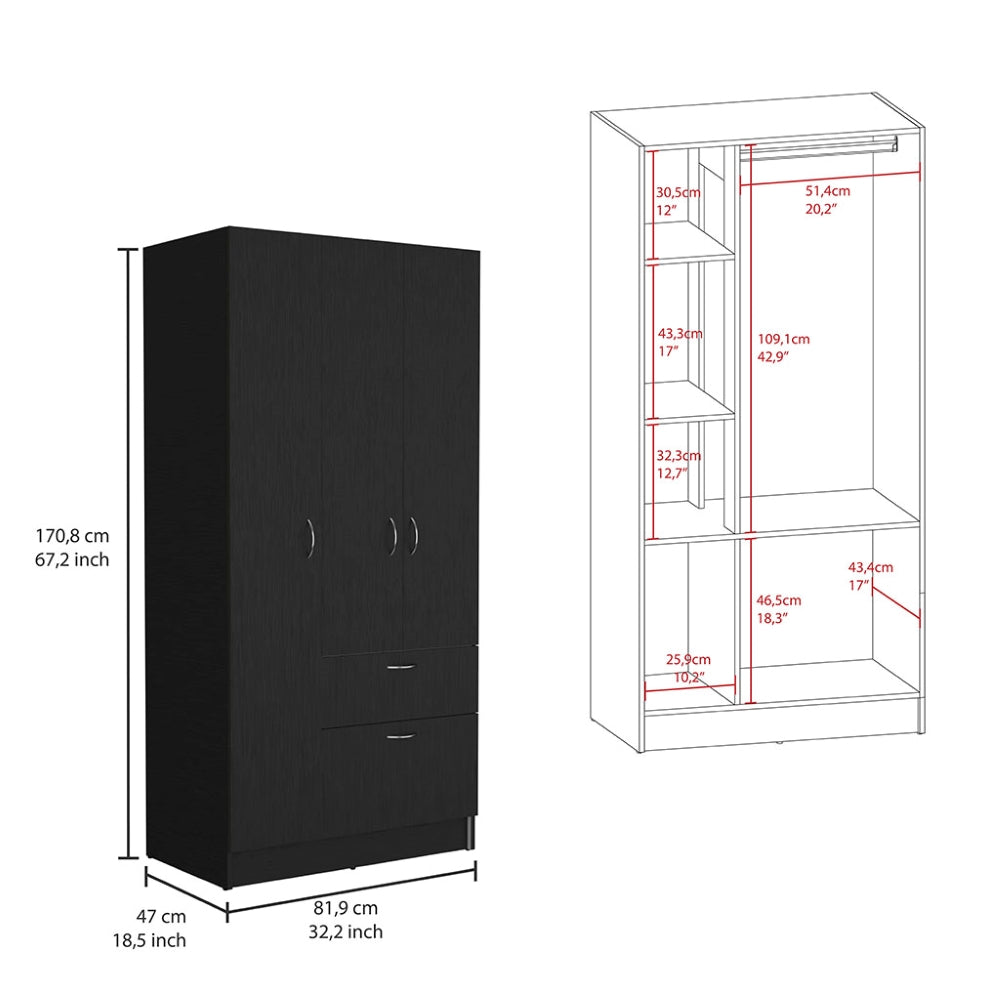 Armoire Cobra, Double Door Cabinets, One Drawer, Five Shelves, Black Wengue / White Finish-6