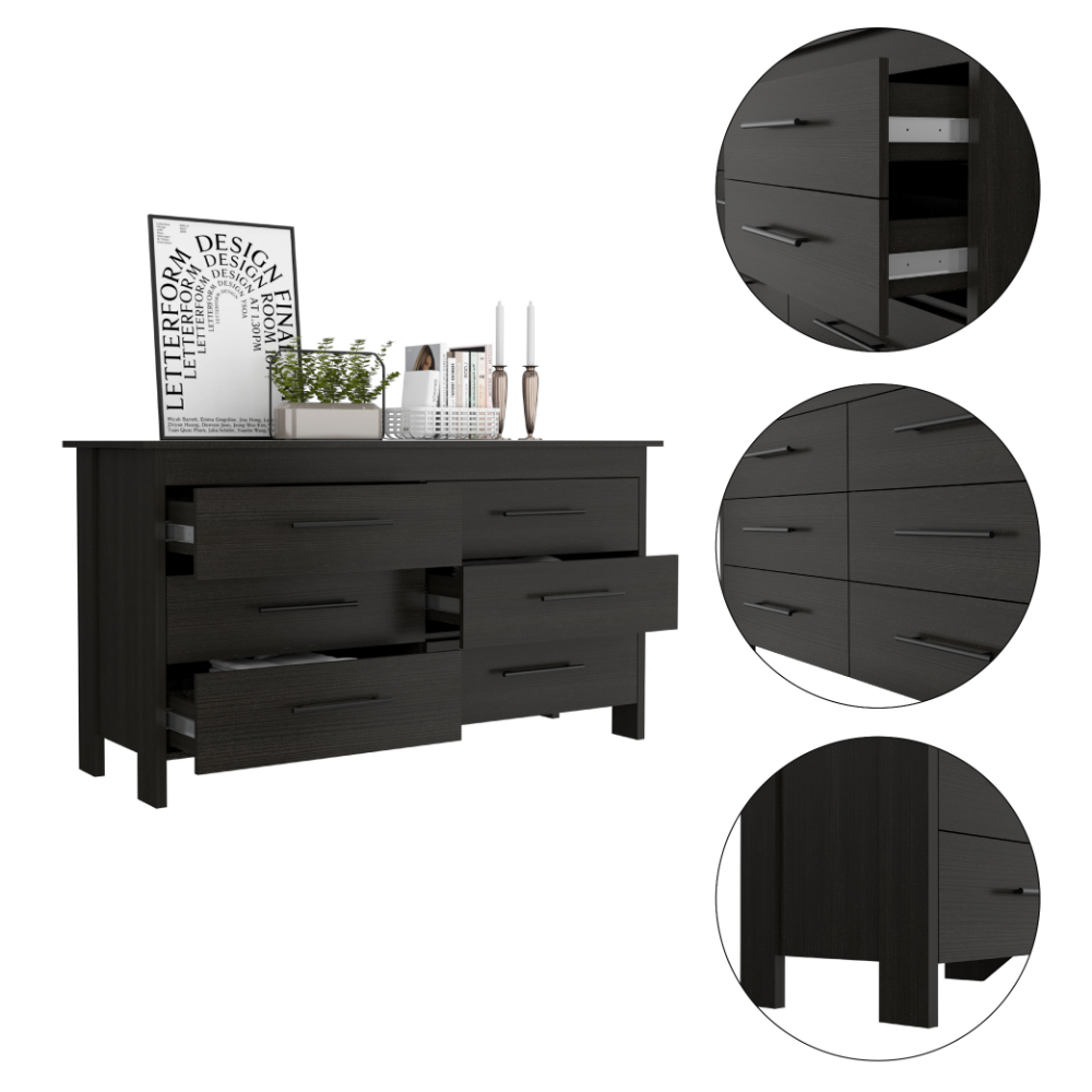 Wezz 6 Drawer Double Dresser, Four Legs, Superior Top, Black wengue Finish-6