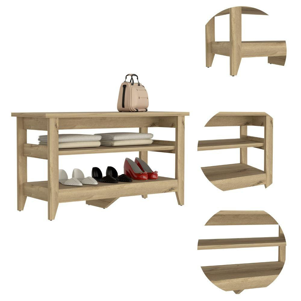 Storage Bench Susho, Upper and Lower Shelf, Light Oak Finish-3