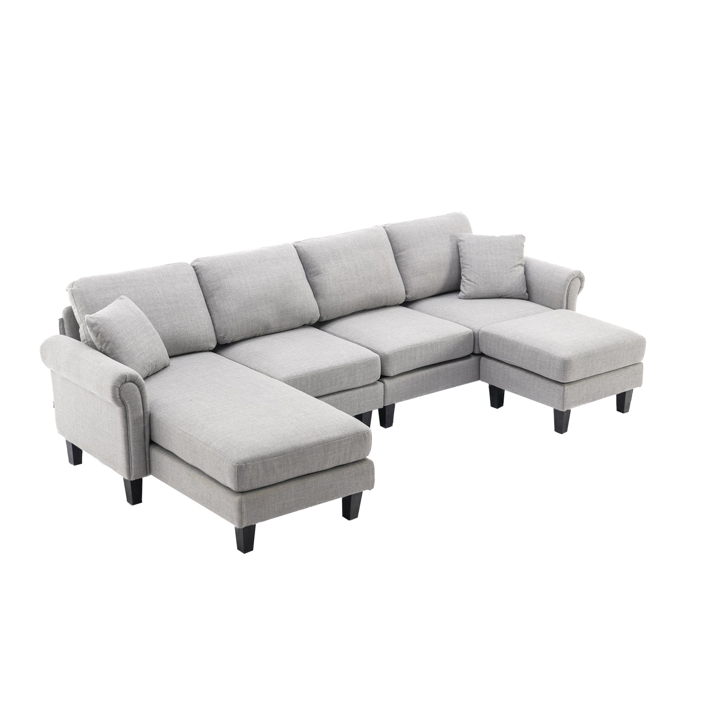 Linen Upholstered Sectional Sofa and Ottoman, Light Grey