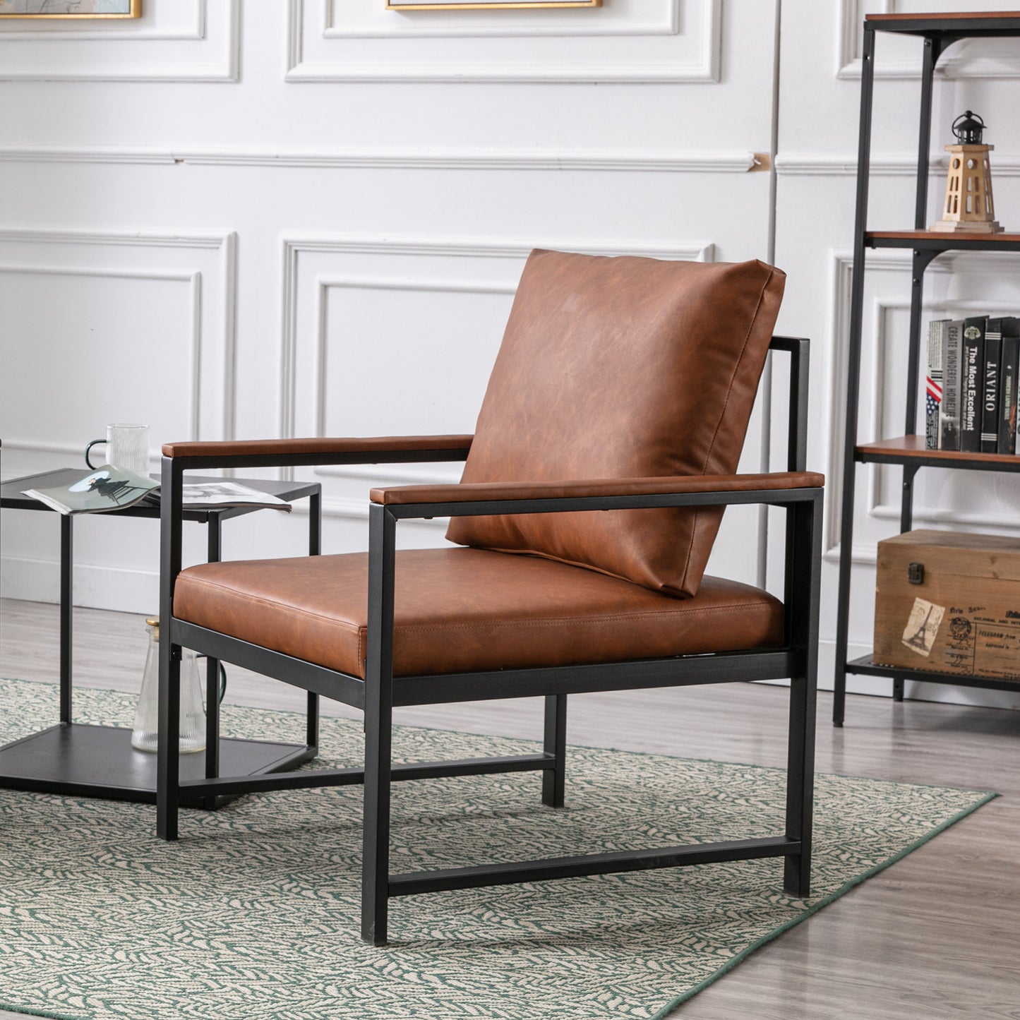 Modern Pu Accent Chair with Black Metal Frame, Orange