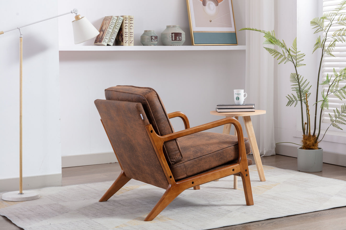 Wood Frame Accent Armchair With Pu Cushion, Coffee