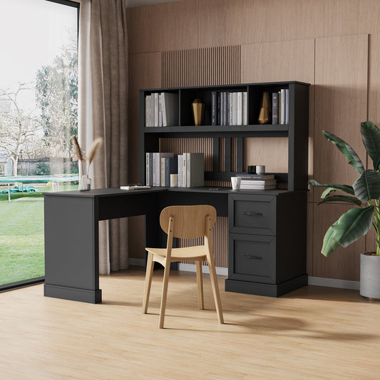 L-Shaped Computer Desk with Hutch, Antiqued Black