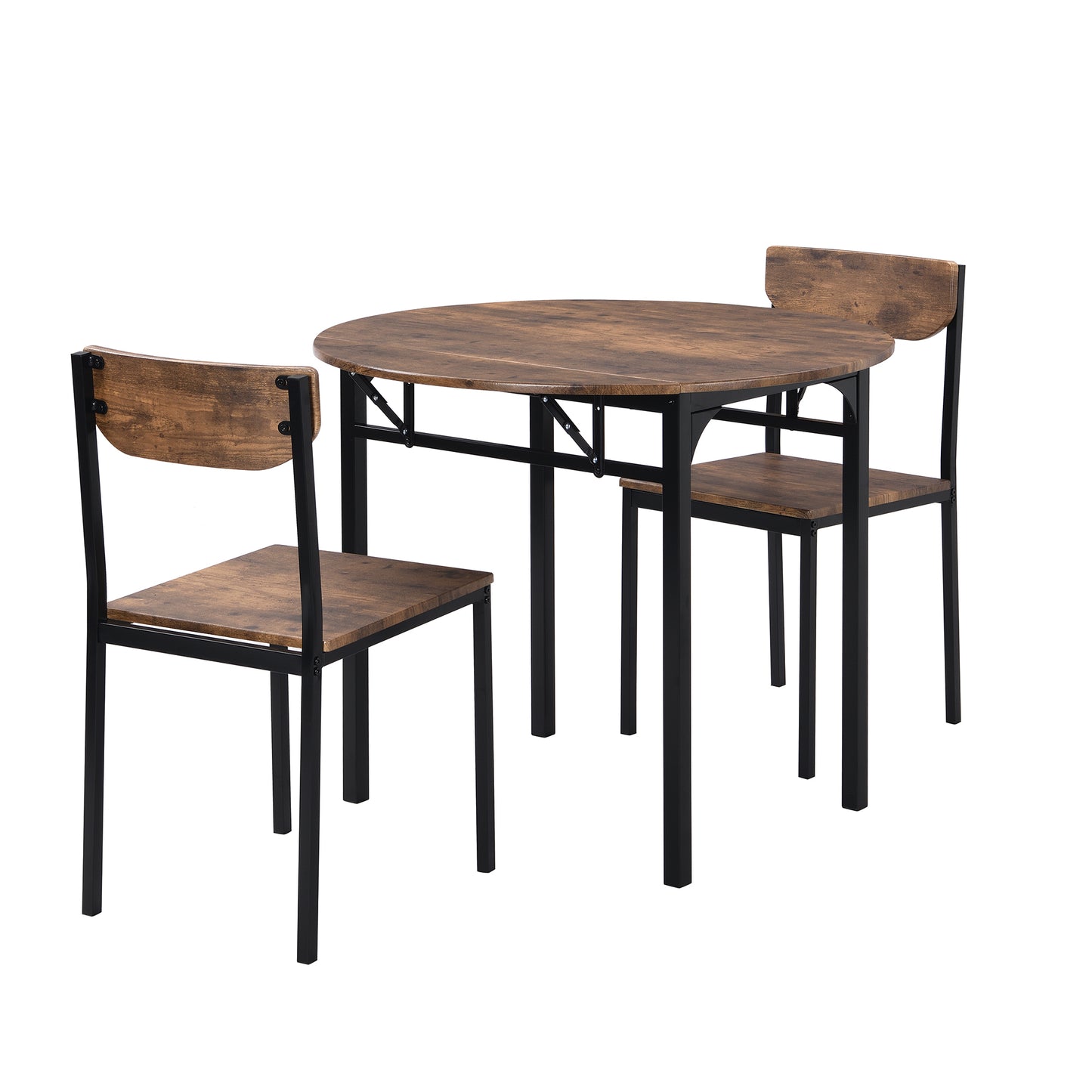 Compact 3-Piece Round Dining Table Set w/ Drop Leaf & 2 Chairs, Black Frame / Rustic Brown Finish