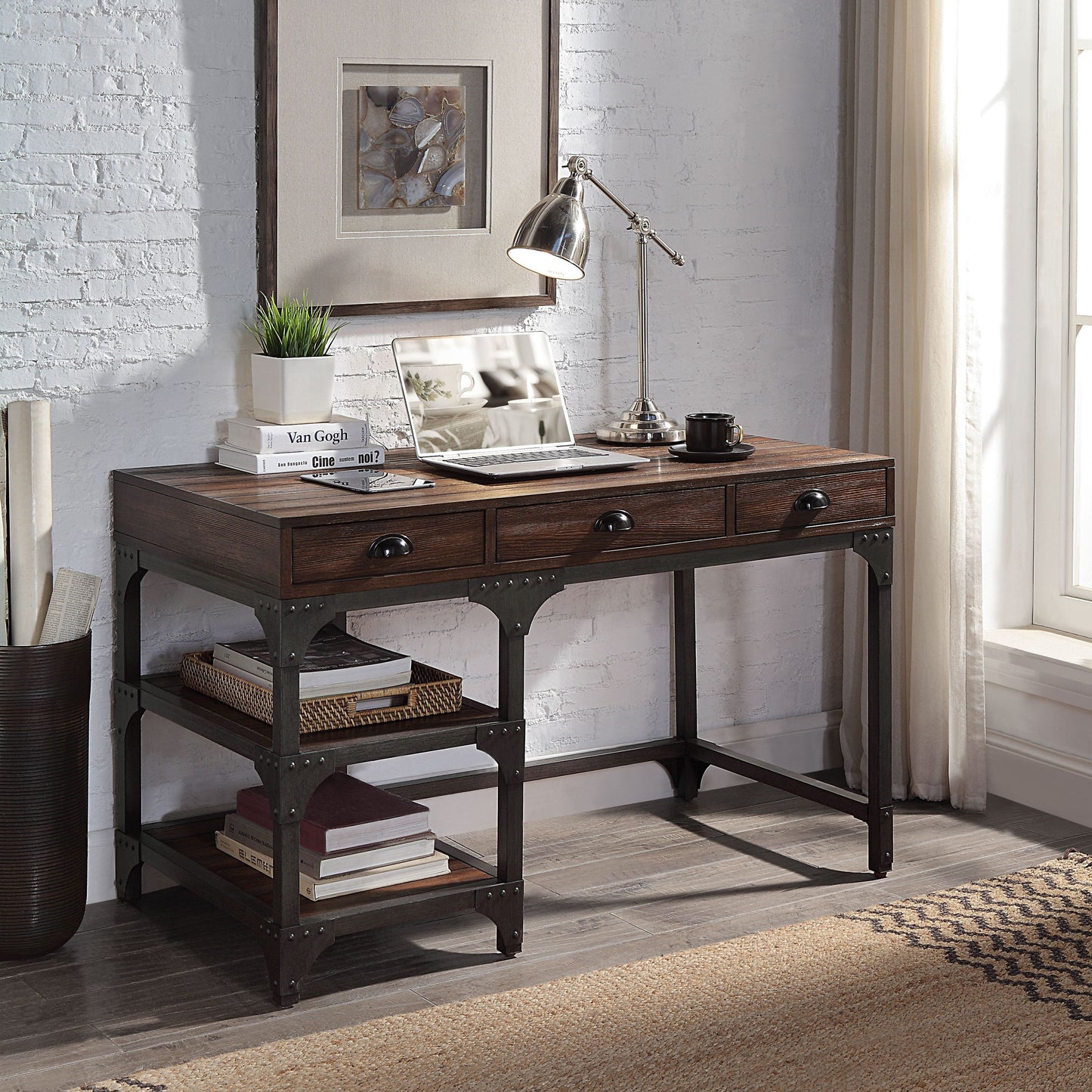 Gorden Writing Desk, Espresso Oak Finish & Antique Black Metal