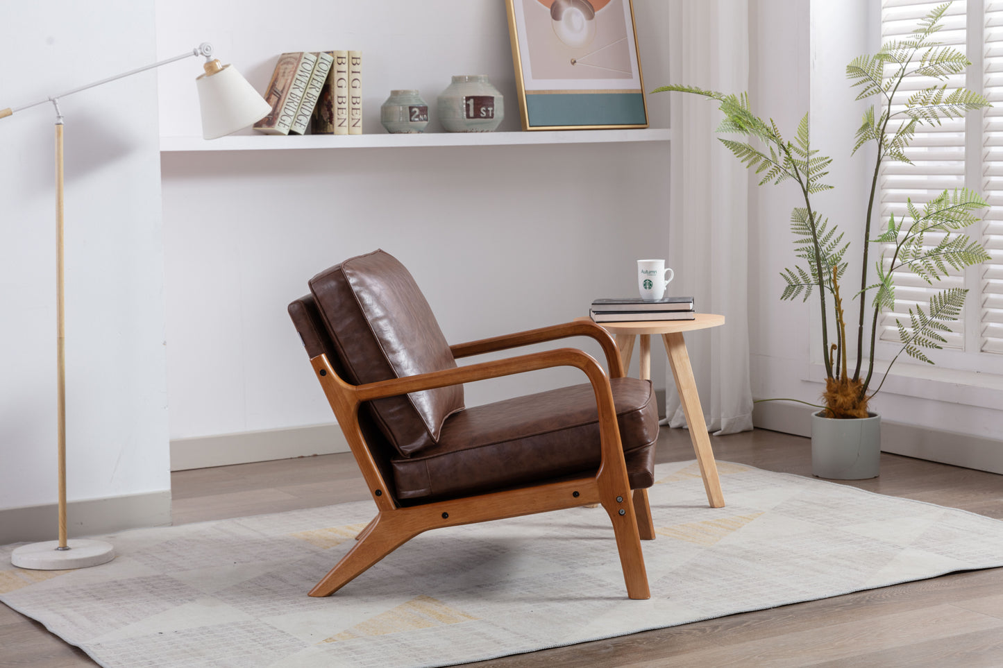 Wood Frame Accent Armchair With Pu Cushion, Brown