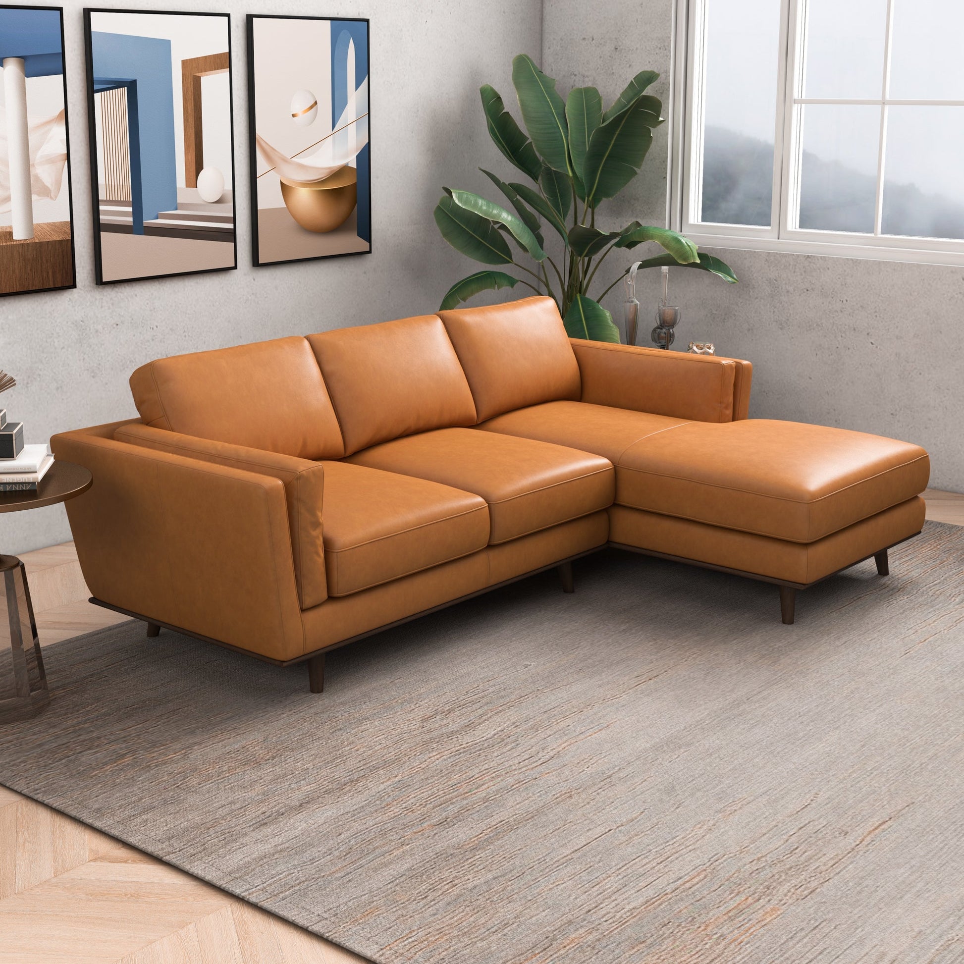 Leather Right Sectional Sofa - Tan