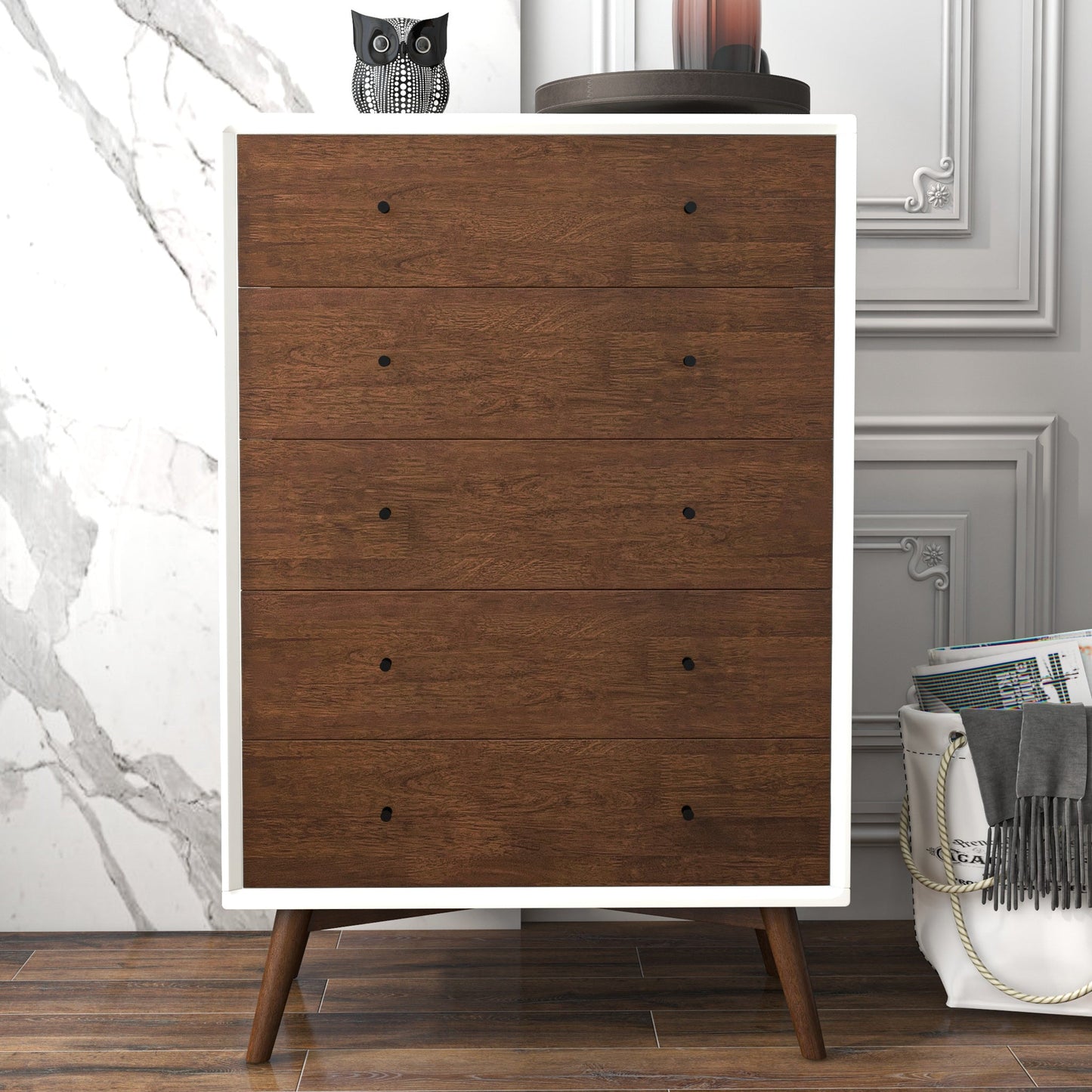 5 Drawer Dresser - Walnut/White