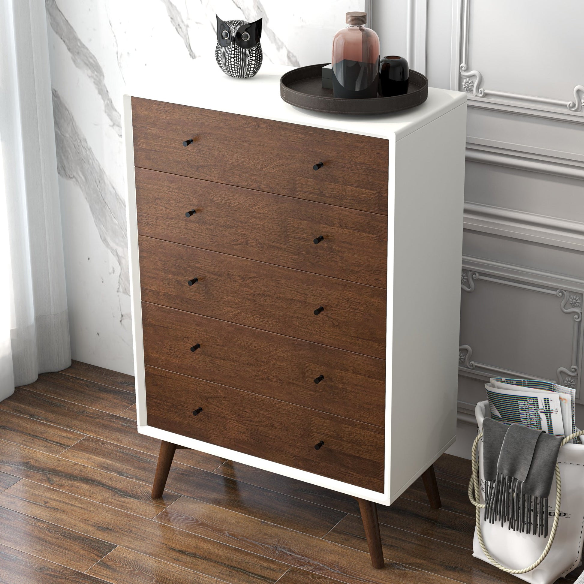 5 Drawer Dresser - Walnut/White