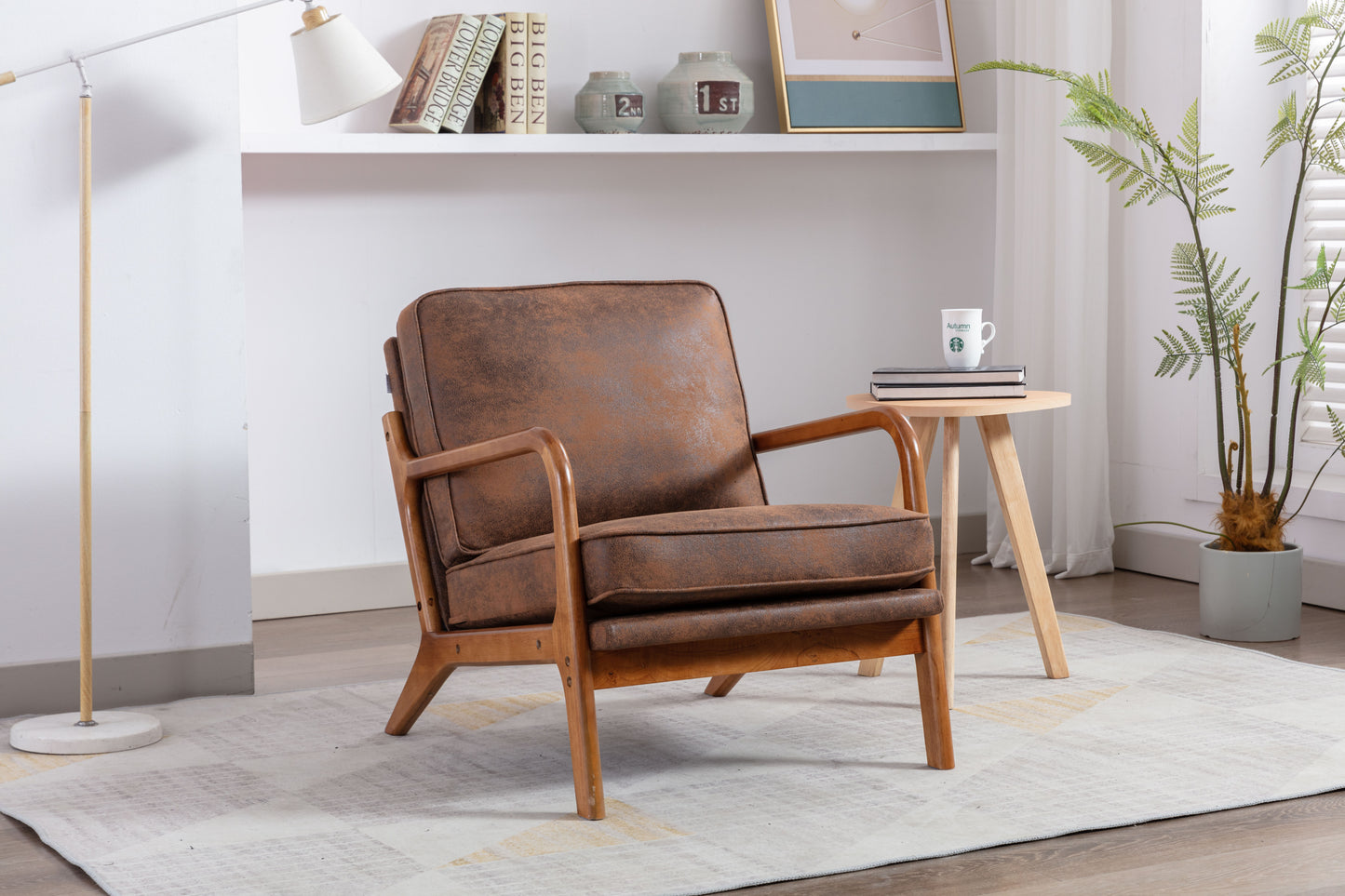 Wood Frame Accent Armchair With Pu Cushion, Coffee