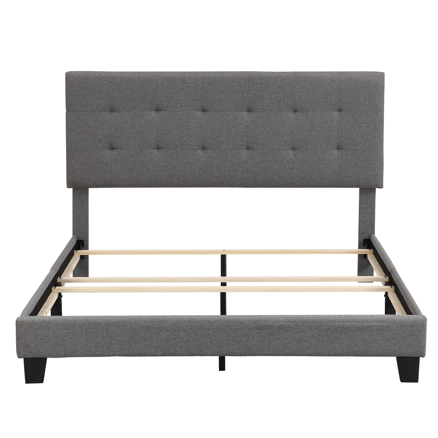 Upholstered Platform Bed Frame with Button Tufted Dark Grey Linen Headboard, Queen