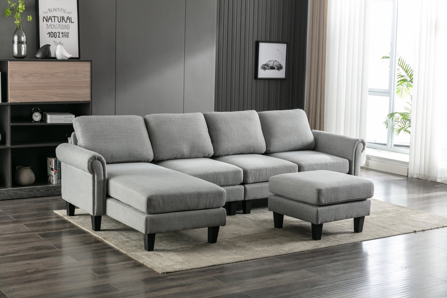 Linen Upholstered Sectional Sofa and Ottoman, Light Grey