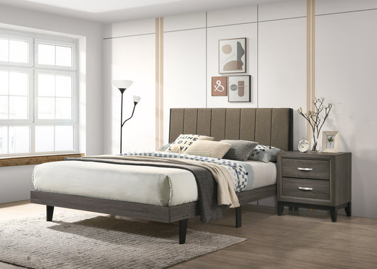 Valdemar Queen Bed, Brown Fabric & Weathered Gray Finish