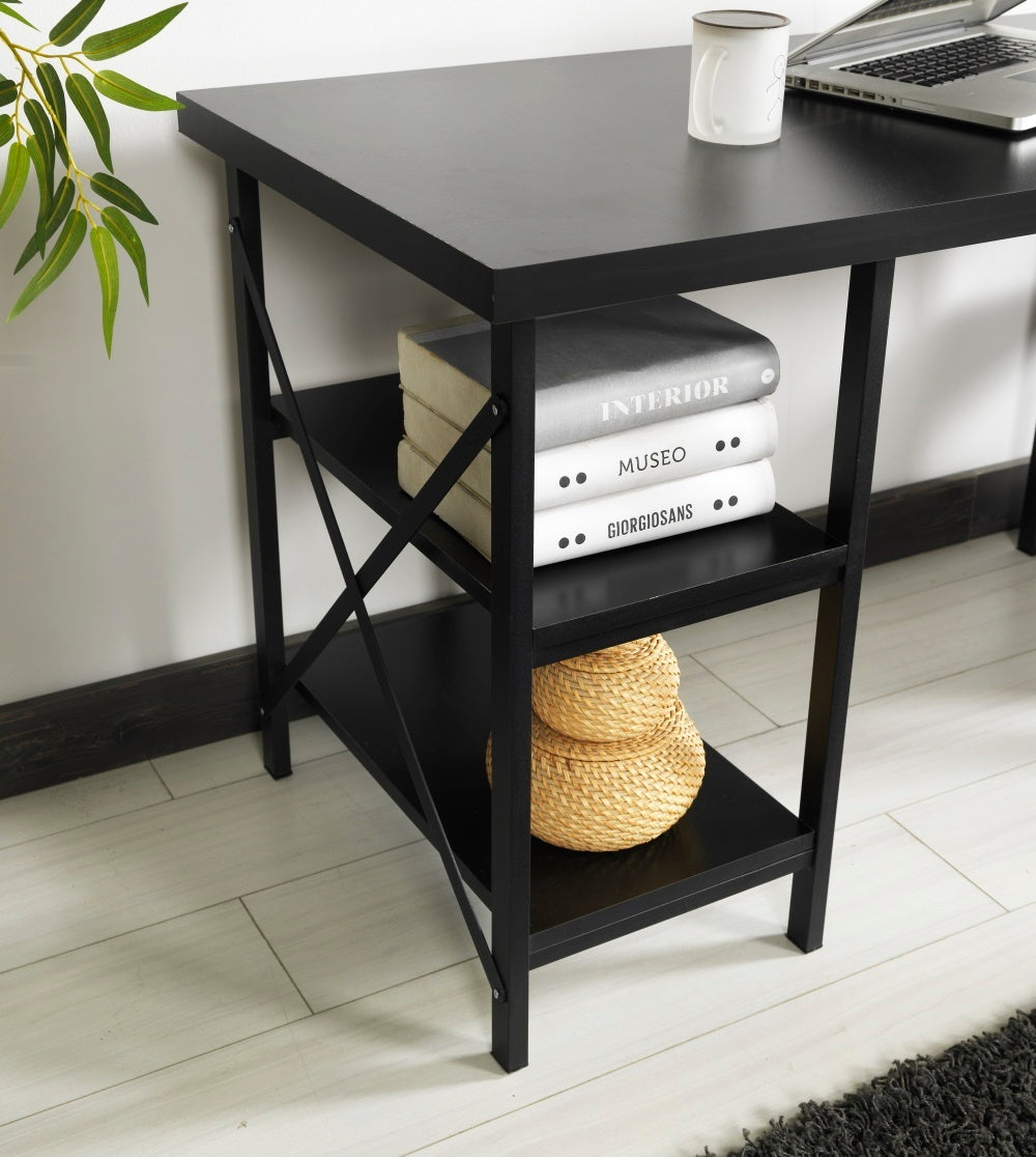 Wooden Top Extra Wide 60" Metal Frame Desk with 4 Shelves, Black