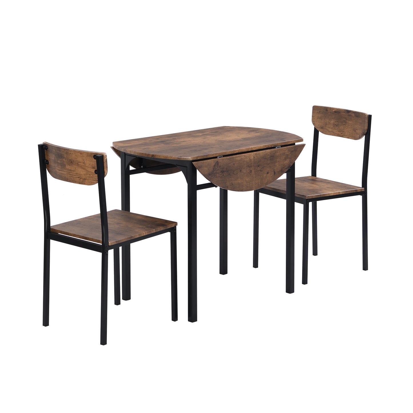 Compact 3-Piece Round Dining Table Set w/ Drop Leaf & 2 Chairs, Black Frame / Rustic Brown Finish