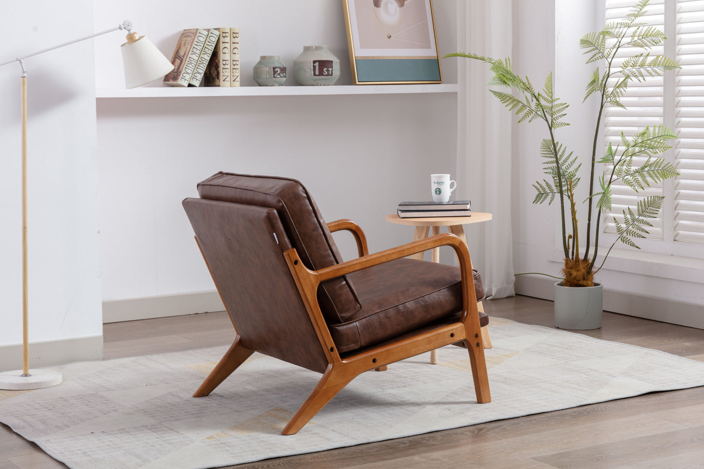 Wood Frame Accent Armchair With Pu Cushion, Brown