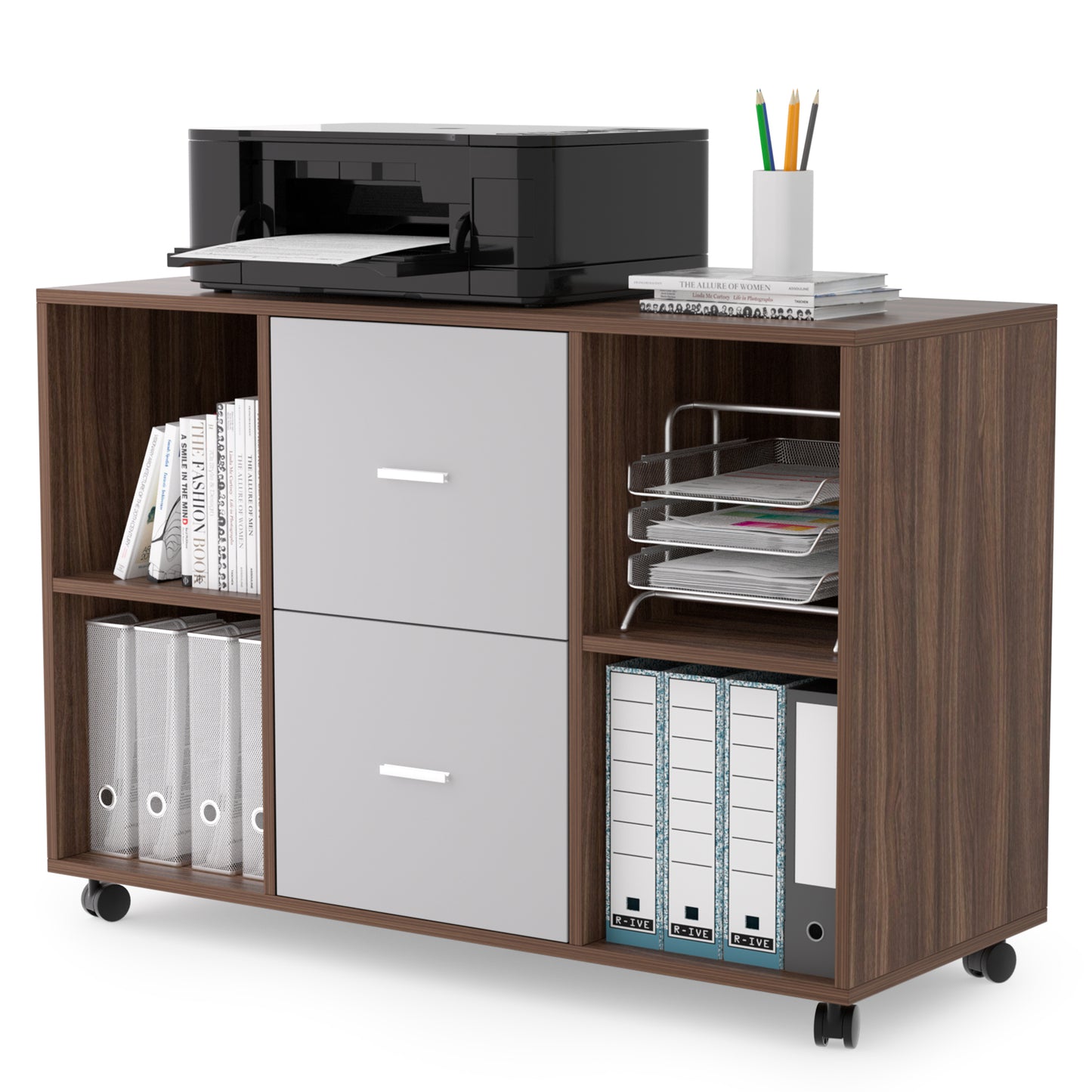 Mobile 2 Drawers Lateral Filing Cabinet, Walnut & Light Grey