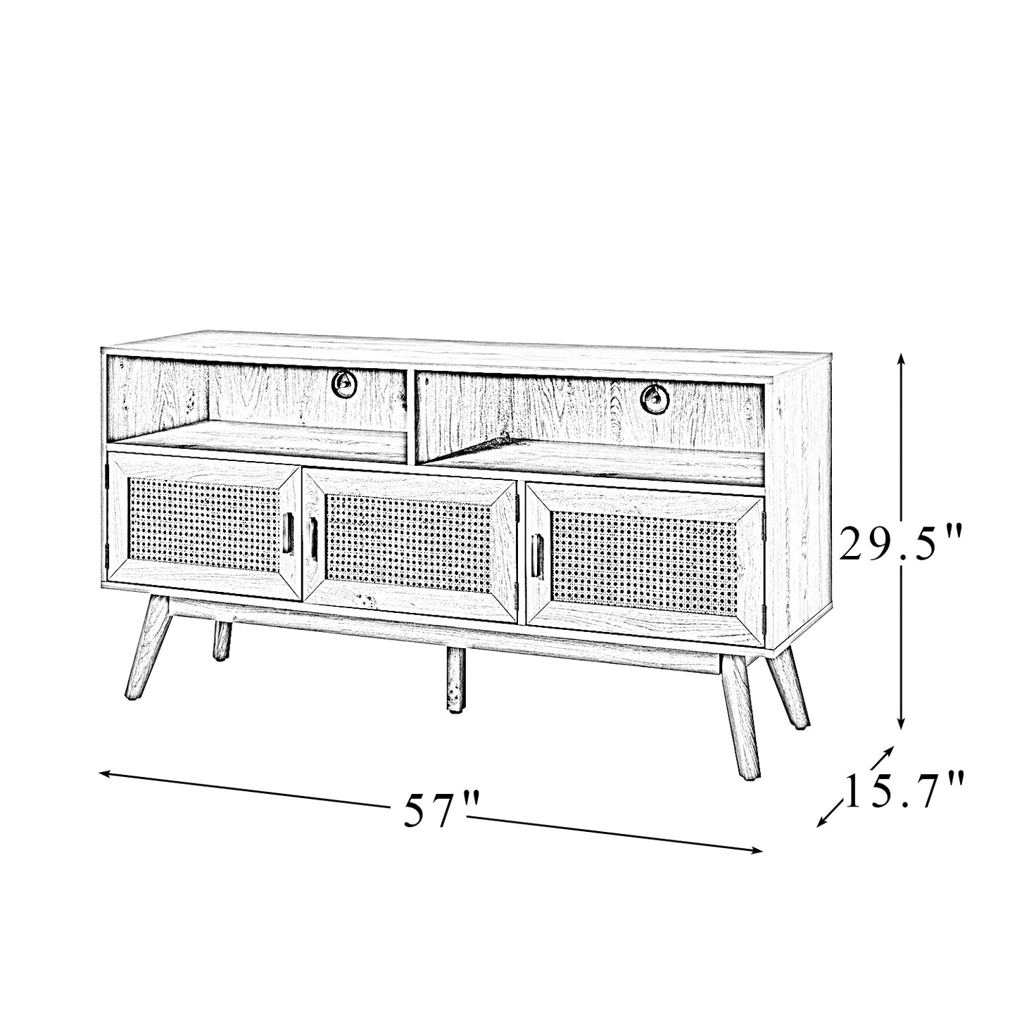 Mermeros 57" TV  Stand / Sideboard with Three Rattan Doors, Walnut