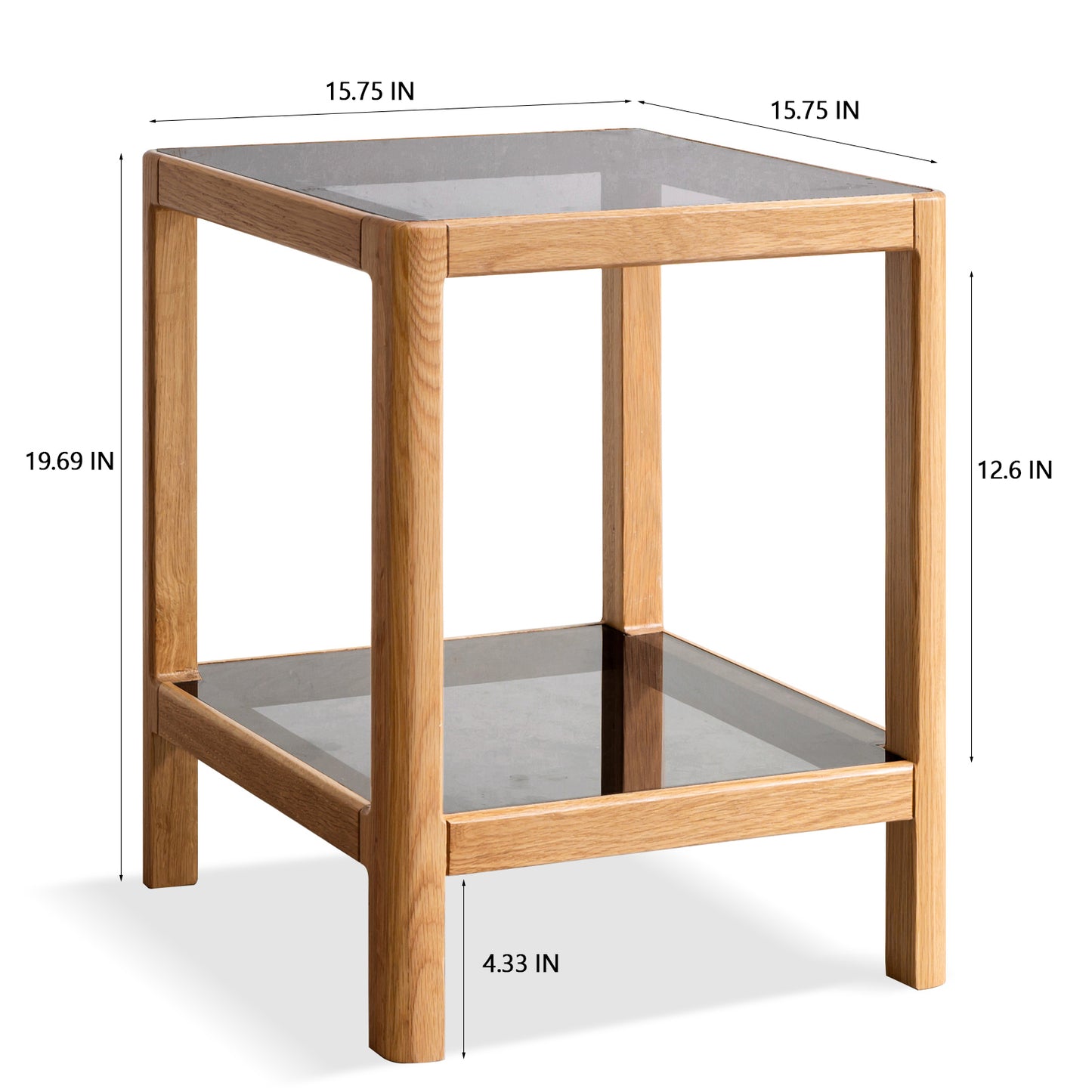 Solid Oak End Table with Tempered Glass, Light Oak