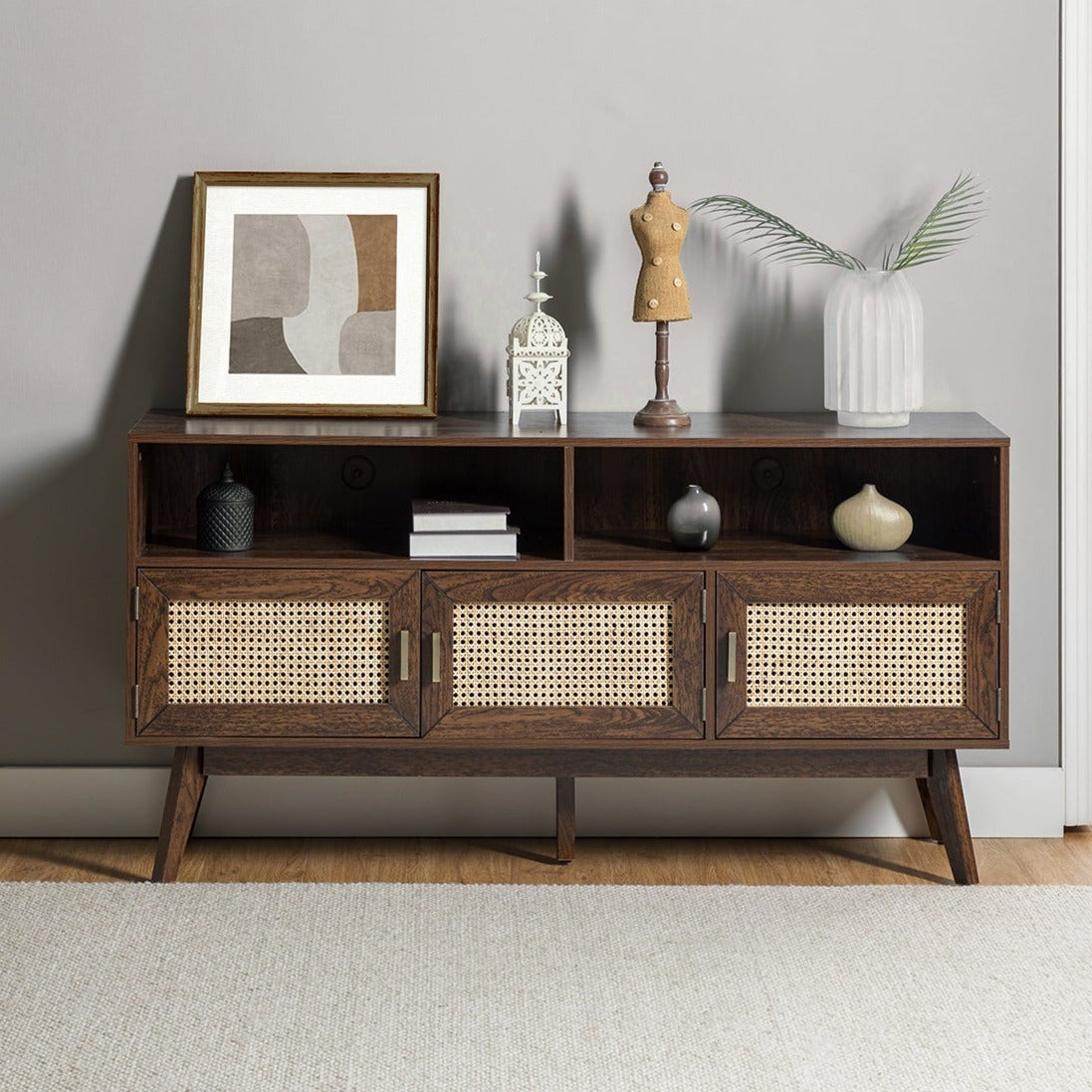 Mermeros 57" TV  Stand / Sideboard with Three Rattan Doors, Walnut