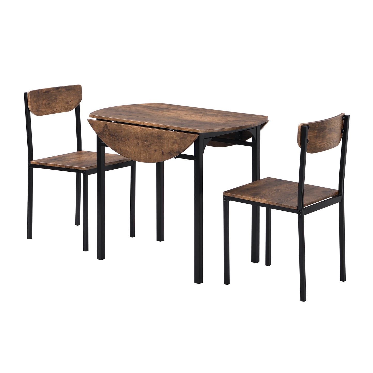 Compact 3-Piece Round Dining Table Set w/ Drop Leaf & 2 Chairs, Black Frame / Rustic Brown Finish