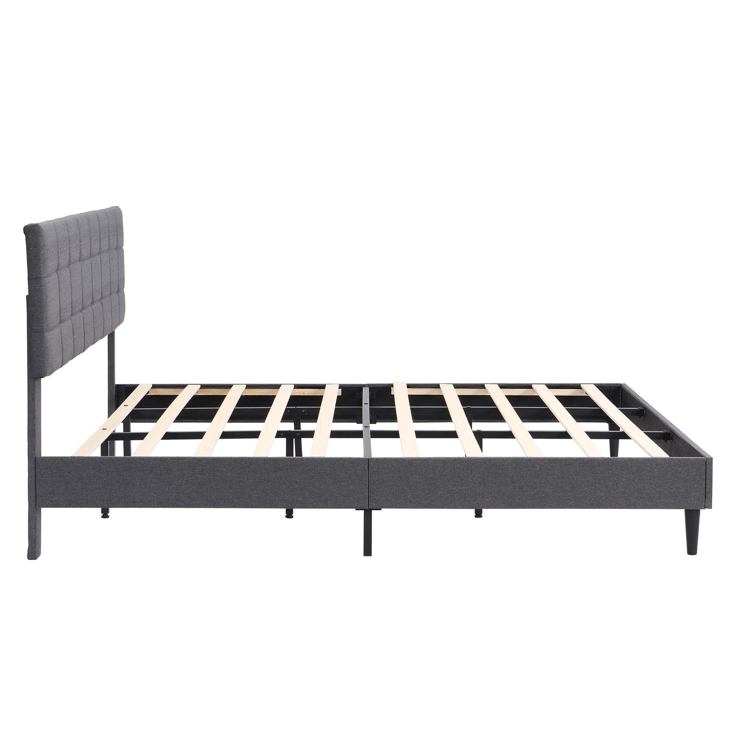 Fabric Upholstered King Size Platform Bed Frame with Headboard, Dark Grey