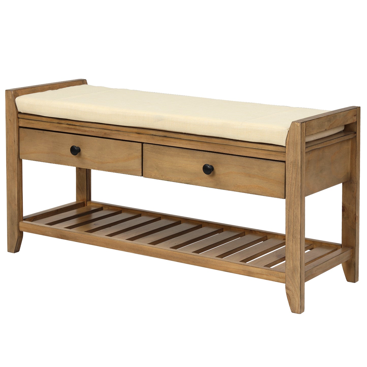 Shoe Rack Storage Bench with Cushioned Seat & Drawers, Old Pine